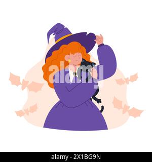 Young witch in a purple dress with red hair hugs a black cat Stock Vector