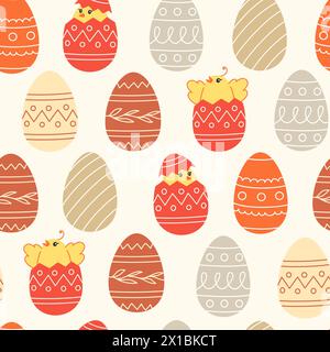 Seamless pattern of chickens and easter eggs in cartoon style Stock Vector