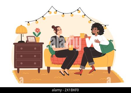 Young women are sitting on a cozy sofa in the living room and talking cheerfully Stock Vector