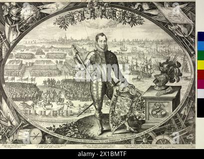 Moritz, Prince of Orange, Earl of Nassau, as generalissimo of the army and the navy of the seven Dutch conflates provinces: full-length on a hill in the foreground standing, en face from the right, bareheaded, with moustache, elite chin beard, moustache, ruff, in knee-length cermonial armour, with the merely raked hand the truncheon on the right hip shore up, ironclad left on standing acanthus surrounded label with his coat of arms above a lion head with seven arrows, before it on the back the engraver title, aside his emblem and his plumed helmet and gauntlet give up on pedestal with the char Stock Photo