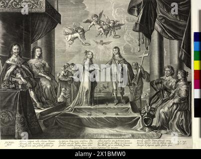 William II, prince of Orange, count of Nassau, allegoric scene on his wedding with Mary Stuart, princess of England (12th May 1641): The bridal couple (he is fifteen, she is ten years young, looking something older) in the centre on a double-throw, covering, with flowers standing sprinkle estrade, handing one another the right hand, above of the Saint ghost in figure of a beamy deaf person and three winged geniuses hover, two of them holding two laurel wreath above of the couple, Mary standing on the right of Wilhelm, because her grade as of a king's daughter around two stair higher is as of t Stock Photo