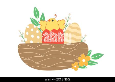 Easter illustration with chicks and painted eggs in a nest for the holiday in cartoon style Stock Vector