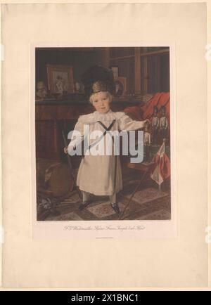 Franz Joseph I, Emperor of Austria, picture as child in the age of circa three years: full-length standing, in full face, in little child dress, with grenadier cap, with tin soldiers, popguns, drum pretend, in the foreground on the right of a ajar small flags, images and little bust on chest of drawers. facsimile collotype of the Imperial and Royal aulic and Her Majesty's Stationery Office based on painting by Ferdinand George Waldmueller in the publishing house of the corporation for duplicate. fine arts, Vienna 1915. between German legend. on Chinapapier, - 18330101 PD0104 - Rechteinfo: Righ Stock Photo