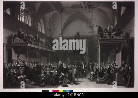 Trials against Queen Caroline of England in the House of Lord 1820, insight view in the House of Lord (House of Lords of the British parliament) during the trials against queen Caroline 1820. The Queen sitting in the foreground (number 119), in front of her standing her advocate Henry Brougham (number 95), Lord Grey (number 114) question the begetting Theodore Majocchi. (number 65), as a whole are 181 individual as entrant at the trial represented, between too of the painter of the picture unmitigated on the right (number 181) (person key see Pk 343 / 11a respectively partial person key Pk 343 Stock Photo