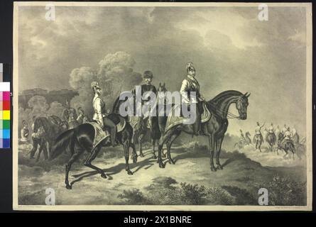 Wratislaw von Mitrowitz, Eugene count, equestrian image as owner of the 1st cuirassier regiment, together with cavalry captain of the adjutant corps Albert Essenther and his own adjutant cuirassier first lieutenant Frederick count Mirbach-Kosmanos at a tutorial of the regimental, lithograph by J. G. Gruenwald based on a painting by B. Bachmann-Hohmann, - 18570101 PD0705 - Rechteinfo: Rights Managed (RM) Stock Photo