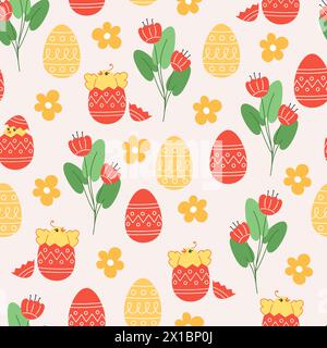 Seamless pattern of flowers, chickens and easter eggs in cartoon style Stock Vector