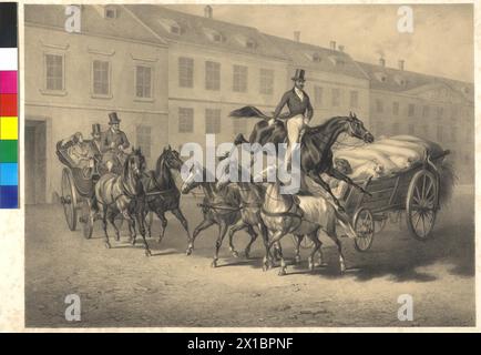 Sandor von Szlawnicza, Moritz count, equestrian image. Moritz count Sandor von Szlawnicza place in Buda on his jumper tatar above the troika of a horse-drawn vehicle away. left-wing a coach with two horse. toned lithograph, - 19300101 PD21403 - Rechteinfo: Rights Managed (RM) Stock Photo