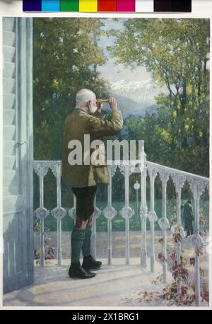 Franz Joseph I, Emperor of Austria, on the balcony of the Imperial villa in Bad Ischl with the telescope watching the weather. watercolour by Joseph Schuster, portrayed in heliography, - 19830422 PD100762 - Rechteinfo: Rights Managed (RM) Stock Photo