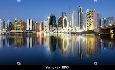 Night view of Dubai with creek canal, UAE Stock Photo