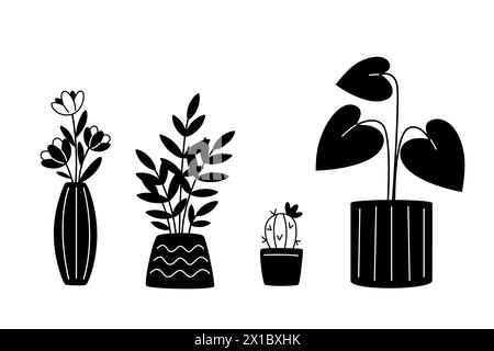 Set of indoor plants in modern pots, black and white illustration Stock Vector