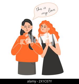 A young couple stand side by side in love are hugging on Valentine's Day Stock Vector