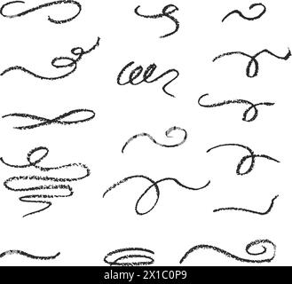 Charcoal pencil hand drawing curly lines. Swishes, swashes, swoops, swooshes, scribbles and squiggles. Black elements on white Grunge chalk crayon Stock Vector