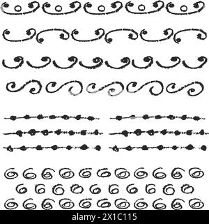 Charcoal pencil hand drawing curly lines. Swishes, swashes, swoops, swooshes, scribbles and squiggles. Black elements on white Grunge chalk crayon Stock Vector