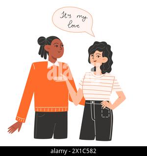 A young couple stand side by side in love are hugging on Valentine's Day Stock Vector
