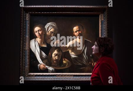 The National Gallery, London, UK. 16th Apr, 2024. The National Gallery displays Caravaggio's late work by the Italian artist from the National Gallery Collection (pictured), Salome receives the Head of John the Baptist, about 1609-10 alongside Caravaggio's (Michelangelo Merisi da Caravaggio (1571-1610)) last painting. The exhibition runs from 18 April - 21 July 2024. Image: Michelangelo Merisi da Caravaggio, Salome receives the Head of John the Baptist, about 1609-10. The National Gallery, London. Credit: Malcolm Park/Alamy Live News Stock Photo