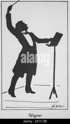 Wagner, Richard, silhouette in conductor pose (whole figure standing, right profile, rights with baton high upraise, left at music stand), print based on signed drawing by Willi Bithorn. postcard in Friday. A. Ackermann art publishers Munich, - 19830422 PD55347 - Rechteinfo: Rights Managed (RM) Stock Photo