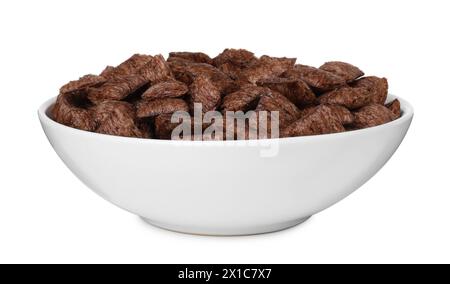 Chocolate cereal pads in bowl isolated on white Stock Photo