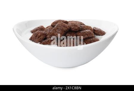 Breakfast cereal. Tasty corn pads with milk in bowl isolated on white Stock Photo