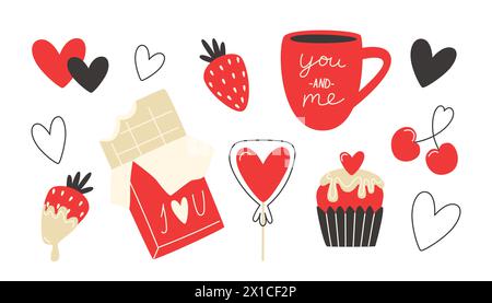 Set of Valentine's day elements with different sweets, lollipop and chocolate bar Stock Vector