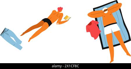 Leisure Reading and Sunbathing on Beach Stock Vector