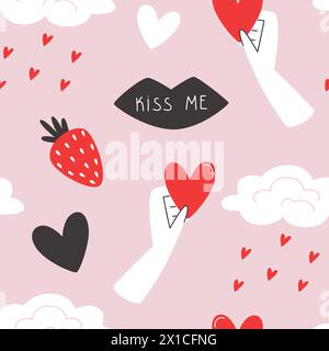 Seamless Valentine's Day pattern with hearts, clouds and strawberries Stock Vector