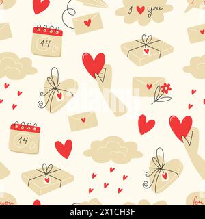 Seamless pattern with a calendar, gift boxes and clouds for Valentine's Day Stock Vector