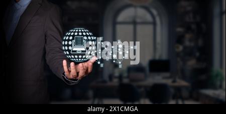 concept documents in the cloud. executive holds hologram of laptop with checklist that connects to many documents on the network Stock Photo