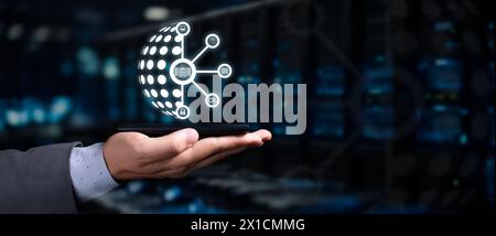 cybersecurity concept. businessman holds cloud hologram with shield and padlock. it rains binary code. Stock Photo