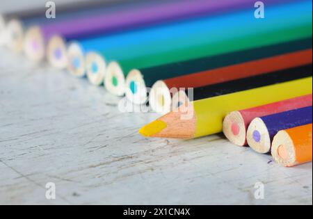 Crayons, colored pencil set arrangement with shallow depth of field, creativity, drawing and art concept,free copy space. Stock Photo