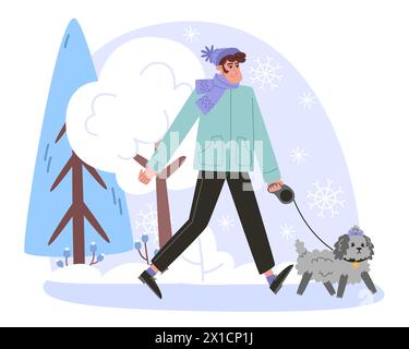 Young man walking with his cute little dog. Happy pet owner. Flat ...
