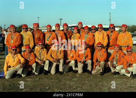 Members of the 3rd and 4th Division Navajo code talker platoons of World War II, dressed in their unit's uniform, pose for a group photo during a commemoration of the landing on Iwo Jima. 2/21/1987. Photo by USMC/Camp Pendleton CA Marine Corps Base Camp Stock Photo