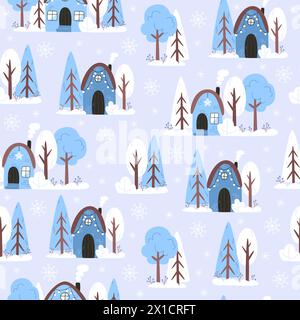 Seamless winter pattern with snow houses and trees in flat style Stock Vector
