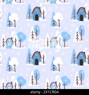 Seamless winter pattern with snow houses and trees in flat style Stock Vector