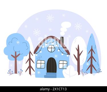 Winter landscape with a house in a snowy forest Stock Vector