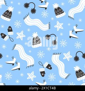 Festive winter pattern with cozy elements in flat style Stock Vector