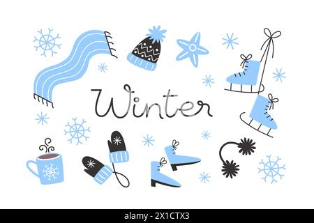 Set of cozy elements on the theme of winter activities Stock Vector