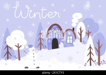 Winter landscape with a snowy forest, house and snownan in a flat style Stock Vector