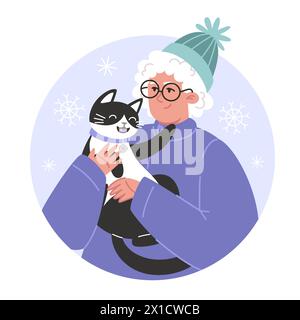 Winter portrait with senior woman and her cat in flat style Stock Vector
