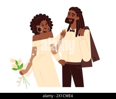 Bride with a bouquet of flowers and groom at the wedding, flat style illustration Stock Vector