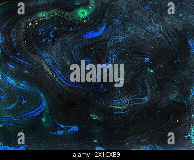 Dark blue chaos image, with gold space abstract background and swirls, glitter. Cosmic, galactic maybe. Stock Photo