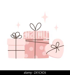 Set of pink gift boxes with bows in flat style Stock Vector