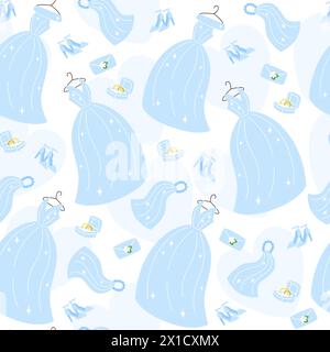 Wedding seamless pattern with blue dresses, rings, bridal veil in flat style Stock Vector