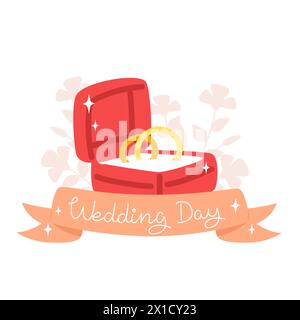 Red box with couple rings for wedding day in flat style Stock Vector