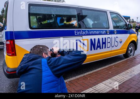 16 April 2024, Mecklenburg-Western Pomerania, Wakenstädt: An on-demand bus operated by local transport company Nahbus is photographed at the official launch of the on-demand bus network in the district of Nordwestmecklenburg. Due to heavy rain, the official opening of the local bus network was moved to a bus. The on-call bus system in Mecklenburg-Vorpommern is to be expanded nationwide over the next few years, with Schwesig (SPD) and Economics Minister Meyer (SPD) giving the official go-ahead. The district of Nordwestmecklenburg has been offering an on-demand bus network with 33 routes since 0 Stock Photo