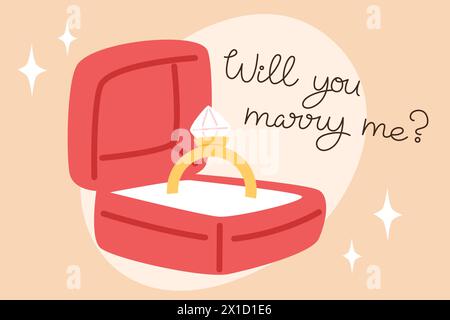 Red box with engagement ring for  wedding proposal Stock Vector