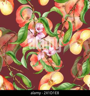 Watercolor branch of peach tree with fruit and flowers seamless pattern isolated on dark. Fig peaches and leaves painted. Chines peaches hand drawn. D Stock Photo