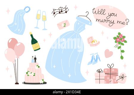 Set of elements for the wedding day, flat style illustration Stock Vector