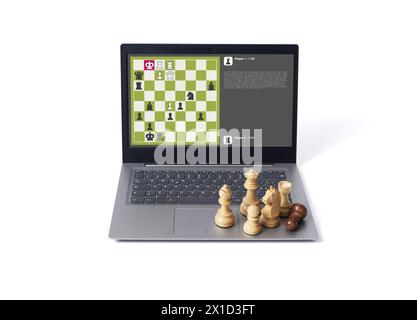 Laptop with chess app on screen, Concept of strategy planning. White background Stock Photo