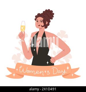 Greeting card for women's day with a young woman in a black cocktail dress holding a glass of champagne in a flat style Stock Vector