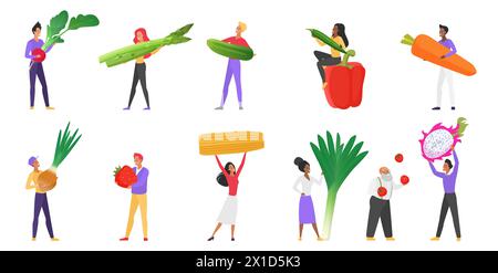 Healthy food, vegetarian diet set. Tiny people hold fresh fruits and vegetables collection, characters carry organic strawberry and tomato, asparagus and onion, cucumber cartoon vector illustration Stock Vector